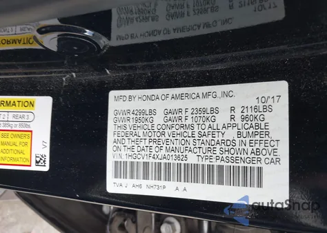 2018 Honda Accord Ex из США, поврежденный, VIN 1HGCV1F4XJA013625